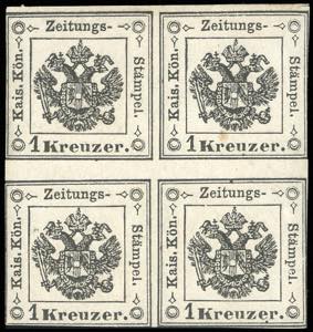 1859 - 1 kr. nero (2) blocco di quattro, ... 