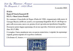 1922 - 80 cent. azzurro Mazzini, ... 