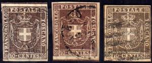 1860 - 10 cent., tre esemplari, tinte ... 