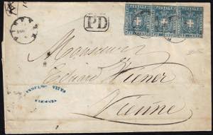 1861 - 20 cent. azzurro (20), striscia di ... 