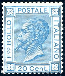 1867 - 20 cent. azzurro, tiratura di Torino ... 