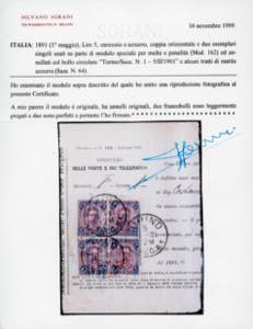 1901 - 5 lire carminio e azzurro ... 