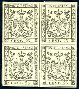 1852 - 25 cent. camoscio chiaro (4), blocco ... 