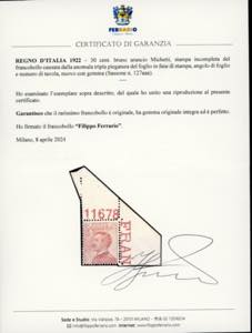 1922 - 30 cent. Michetti, stampa ... 