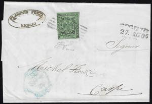 1857 - 5 cent. verde oliva (8), perfetto, su ... 