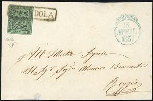 1857 - 5 cent. verde oliva, errore ... 