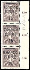 FIUME 1919 - 15 cent. su 10 f., striscia ... 