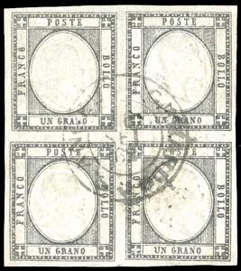 1861 - 1 grano nero (19), blocco di quattro, ... 