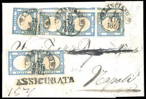 1861 - 2 grana azzurro scuro (20d), striscia ... 