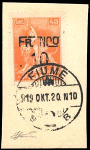 FIUME 1919 - 10 cent. su 45 cent., carta A ... 