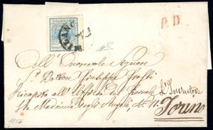 1856 - 45 cent. azzurro, III tipo, carta a ... 
