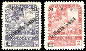 FIUME 1921 - 2 lire e 10 lire soprastampati ... 