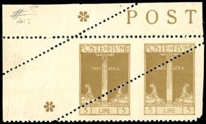 FIUME 1923 - 5 lire San Vito, dentellatura ... 