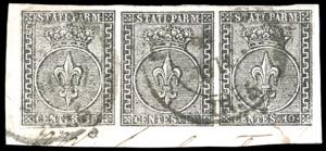 1852 - 10 cent. bianco (2), striscia ... 
