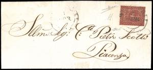 1857 - 25 cent. bruno rosso (8), perfetto e ... 