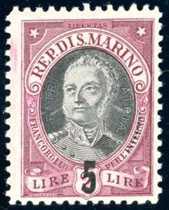 1927 - 5 lire su 2 lire Onofri, nove puntini ... 