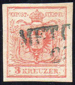 AUSTRIA 1850 - 3 k. rosso, carta a macchina ... 