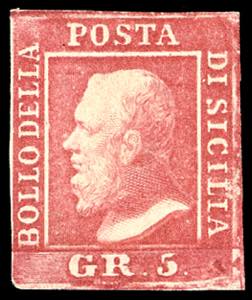 1859 - 5 grana carminio, I tavola (9a), ... 