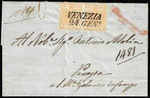 1852 - 5 cent. giallo ocra, coppia, perfetta ... 