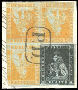 1851 - 1 quattrino nero su azzurro, perfetto ... 