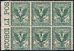 1901 - 5 cent. Floreale (70), blocco di sei, ... 