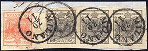 1850 - 10 cent. nero, striscia orizzontale ... 