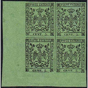 1855 - 5 cent. verde oliva (8), blocco di ... 