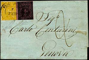 1858 - 25 cent. violetto e 5 cent. giallo ... 