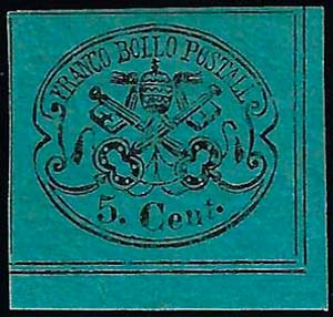 1867 - 5 cent. azzurro verdastro, angolo di ... 