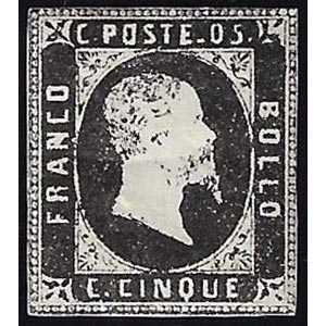 1851 - 5 cent. nero, III riporto (1), gomma ... 