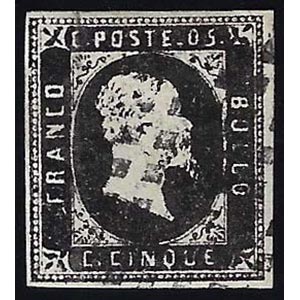 1851 - 5 cent. nero, II riporto (1), usato, ... 