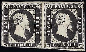 1851 - 5 cent. nero, I tiratura (1a), coppia ... 
