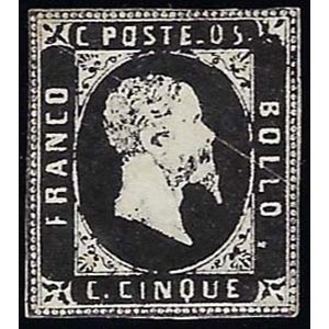 1851 - 5 cent. nero, I tiratura (1a), gomma ... 