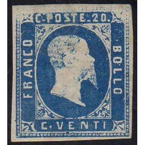 1851 - 20 cent. azzurro, stampa parzialmente ... 