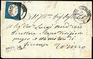 1855 - 20 cent. azzurro (8), bordo di ... 