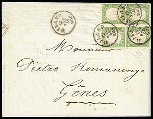 1860 - 5 cent. verde oliva (13Bc), blocco di ... 