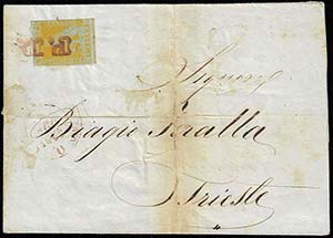 1853 - 1 soldo giallo oro su azzurro (2c), ... 