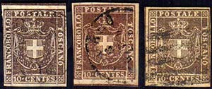 1860 - 10 cent., tre esemplari, tinte ... 