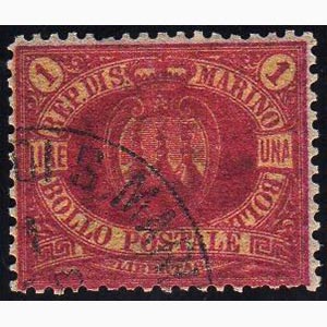 1892 - 1 lira carminio su giallo Stemma ... 
