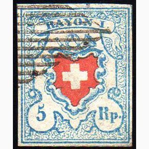 SVIZZERA 1851 - 5 r. azzurro chiaro e rosso ... 