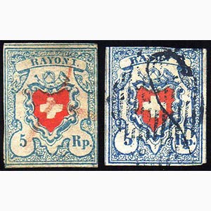 SVIZZERA 1851 - 5 r. azzurro chiaro e rosso, ... 