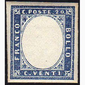 1855 - 20 cent. azzurro, SENZA EFFIGIE, ... 