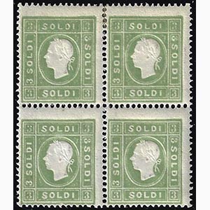 1862 - 3 soldi verde giallo (35), blocco di ... 