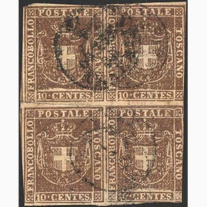 1860 - 10 cent. bruno (19), blocco di ... 