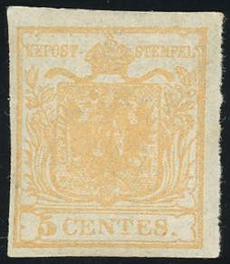 1850 - 5 cent. giallo ocra (1), nuovo, gomma ... 