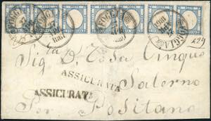 1861 - 2 grana azzurro (20b), striscia di ... 