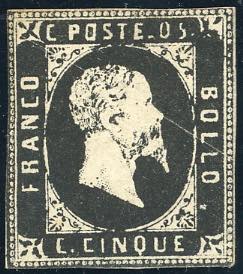 1851 - 5 cent. nero, (1), gomma originale, ... 