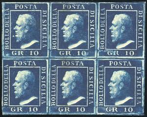 1859 - 10 grana azzurro cupo (12), blocco di ... 