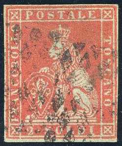 1851 - 2 soldi scarlatto su azzurro (3), ... 