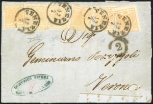 1855 - 5 cent. giallo ocra, quattro ... 